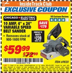 Harbor Freight ITC Coupon 4" x 24" VARIABLE SPEED PROFESSIONAL BELT SANDER Lot No. 69820 Expired: 12/31/18 - $59.99