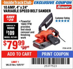 Harbor Freight ITC Coupon 4" x 24" VARIABLE SPEED PROFESSIONAL BELT SANDER Lot No. 69820 Expired: 10/8/19 - $79.99