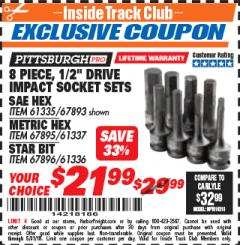 Harbor Freight ITC Coupon 8 PIECE 1/2" DRIVE IMPACT HEX SOCKET SETS Lot No. 61335/67893/67895/61337 Expired: 5/31/18 - $21.99