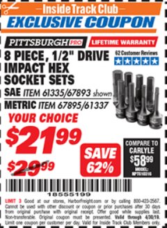 Harbor Freight ITC Coupon 8 PIECE 1/2" DRIVE IMPACT HEX SOCKET SETS Lot No. 61335/67893/67895/61337 Expired: 4/30/19 - $21.99