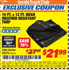 Harbor Freight ITC Coupon 10 FT. x 12 FT. MESH ALL PURPOSE WEATHER RESISTANT TARP Lot No. 60576/96936 Expired: 8/31/19 - $21.99