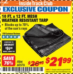 Harbor Freight ITC Coupon 10 FT. x 12 FT. MESH ALL PURPOSE WEATHER RESISTANT TARP Lot No. 60576/96936 Expired: 6/30/20 - $21.99