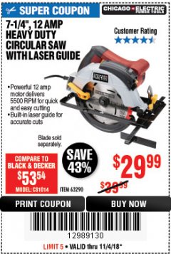 Harbor Freight Coupon 7-1/4" HEAVY DUTY CIRCULAR SAW WITH LASER GUIDE SYSTEM Lot No. 69064 Expired: 11/4/18 - $29.99
