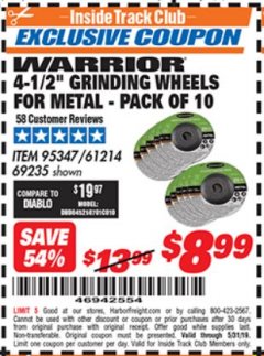 Harbor Freight ITC Coupon 10 PIECE, 4-1/2" GRINDING WHEEL FOR METAL Lot No. 6674/69235/61214 Expired: 5/31/19 - $8.99