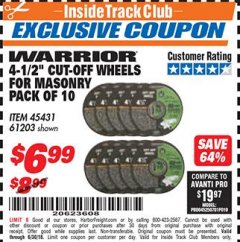 Harbor Freight ITC Coupon 10 PIECE 4-1/2" CUT-OFF WHEELS FOR MASONRY Lot No. 45431/61203 Expired: 6/30/18 - $6.99