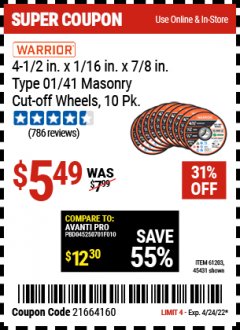 Harbor Freight Coupon 10 PIECE 4-1/2" CUT-OFF WHEELS FOR MASONRY Lot No. 45431/61203 Expired: 4/24/22 - $5.49