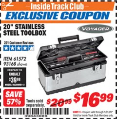 Harbor Freight ITC Coupon 20" STAINLESS STEEL TOOLBOX Lot No. 61572/93168 Expired: 1/31/20 - $16.99