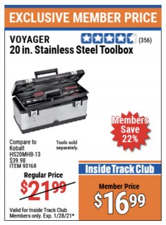 Harbor Freight ITC Coupon 20" STAINLESS STEEL TOOLBOX Lot No. 61572/93168 Expired: 1/28/21 - $16.99