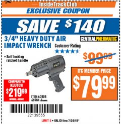 Harbor Freight ITC Coupon 3/4" HEAVY DUTY AIR IMPACT WRENCH Lot No. 60808/66984 Expired: 7/24/18 - $79.99