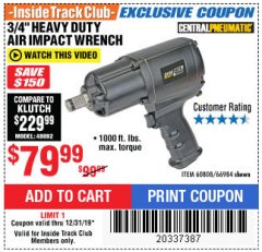 Harbor Freight ITC Coupon 3/4" HEAVY DUTY AIR IMPACT WRENCH Lot No. 60808/66984 Expired: 12/31/19 - $79.99