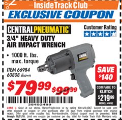 Harbor Freight Coupon 3/4" HEAVY DUTY AIR IMPACT WRENCH Lot No. 60808/66984 Expired: 10/31/18 - $79.99
