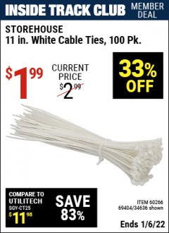 Harbor Freight ITC Coupon 11" CABLE TIES PACK OF 100 Lot No. 34636/69404/60266/34637/69405/60277 Expired: 1/6/22 - $1.99