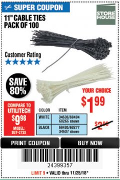 Harbor Freight Coupon 11" CABLE TIES PACK OF 100 Lot No. 34636/69404/60266/34637/69405/60277 Expired: 11/25/18 - $1.99