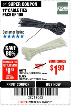 Harbor Freight Coupon 11" CABLE TIES PACK OF 100 Lot No. 34636/69404/60266/34637/69405/60277 Expired: 12/23/18 - $1.99