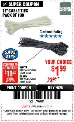 Harbor Freight Coupon 11" CABLE TIES PACK OF 100 Lot No. 34636/69404/60266/34637/69405/60277 Expired: 3/17/19 - $1.99
