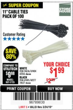 Harbor Freight Coupon 11" CABLE TIES PACK OF 100 Lot No. 34636/69404/60266/34637/69405/60277 Expired: 3/24/19 - $1.99