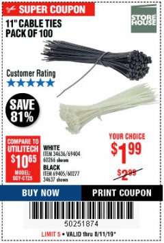 Harbor Freight Coupon 11" CABLE TIES PACK OF 100 Lot No. 34636/69404/60266/34637/69405/60277 Expired: 8/11/19 - $1.99