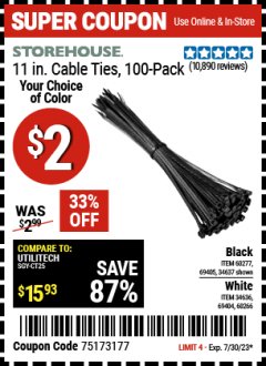 Harbor Freight Coupon 11" CABLE TIES PACK OF 100 Lot No. 34636/69404/60266/34637/69405/60277 Expired: 7/30/23 - $2