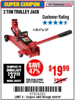 Harbor Freight Coupon 2 TON TROLLEY JACK Lot No. 64873, 64908, 56217, 64874 Expired: 8/20/18 - $19.99
