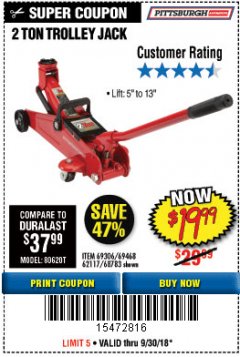 Harbor Freight Coupon 2 TON TROLLEY JACK Lot No. 64873, 64908, 56217, 64874 Expired: 9/30/18 - $19.99