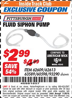 Harbor Freight ITC Coupon FLUID SIPHON PUMP Lot No. 93290/60598/62609/62613 Expired: 11/30/18 - $2.99