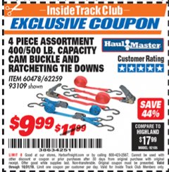 Harbor Freight ITC Coupon 4 PIECE RATCHETING/CAM TIE DOWN SET Lot No. 93109/60478/62259 Expired: 10/31/18 - $9.99