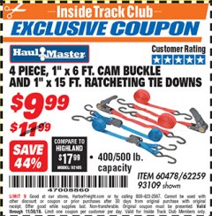 Harbor Freight ITC Coupon 4 PIECE RATCHETING/CAM TIE DOWN SET Lot No. 93109/60478/62259 Expired: 11/30/18 - $9.99