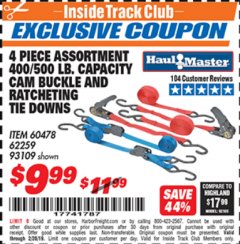 Harbor Freight ITC Coupon 4 PIECE RATCHETING/CAM TIE DOWN SET Lot No. 93109/60478/62259 Expired: 2/28/19 - $9.99