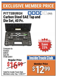 Harbor Freight ITC Coupon 40 PIECE CARBON STEEL TAP AND DIE SETS Lot No. 63016/62831/62832 Expired: 1/28/21 - $12.99