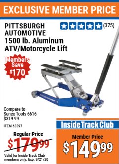 Harbor Freight ITC Coupon 1500 LB. CAPACITY LIGHTWEIGHT ALUMINUM MOTORCYCLE LIFT Lot No. 63397 Expired: 9/21/20 - $149.99