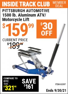 Harbor Freight ITC Coupon 1500 LB. CAPACITY LIGHTWEIGHT ALUMINUM MOTORCYCLE LIFT Lot No. 63397 Expired: 9/30/21 - $159.99