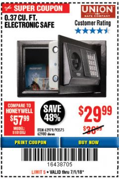 Harbor Freight Coupon 0.37 CUBIC FT. ELECTRONIC DIGITAL SAFE Lot No. 62238/93575 Expired: 7/1/18 - $29.99