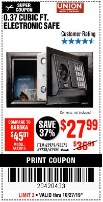 Harbor Freight Coupon 0.37 CUBIC FT. ELECTRONIC DIGITAL SAFE Lot No. 62238/93575 Expired: 10/27/19 - $27.99
