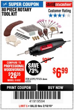 Harbor Freight Coupon 80 PIECE ROTARY TOOL KIT Lot No. 68986/97626/63292/63235 Expired: 2/10/19 - $6.99