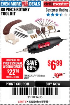 Harbor Freight Coupon 80 PIECE ROTARY TOOL KIT Lot No. 68986/97626/63292/63235 Expired: 5/5/19 - $6.99