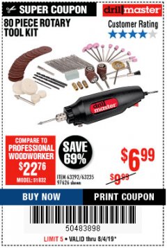 Harbor Freight Coupon 80 PIECE ROTARY TOOL KIT Lot No. 68986/97626/63292/63235 Expired: 8/4/19 - $6.99