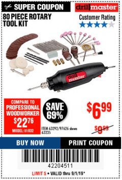 Harbor Freight Coupon 80 PIECE ROTARY TOOL KIT Lot No. 68986/97626/63292/63235 Expired: 9/1/19 - $6.99