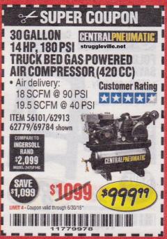 Harbor Freight Coupon 14 HP, 30 GALLON, 180 PSI TRUCK BED GAS POWERED AIR COMPRESSOR (420 CC) Lot No. 67853/56101/69784/62913/62779 Expired: 6/30/18 - $999.99