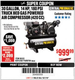 Harbor Freight Coupon 14 HP, 30 GALLON, 180 PSI TRUCK BED GAS POWERED AIR COMPRESSOR (420 CC) Lot No. 67853/56101/69784/62913/62779 Expired: 10/7/18 - $999.99