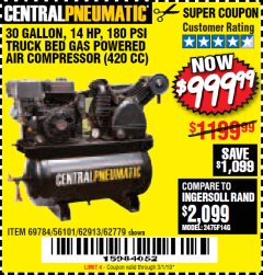 Harbor Freight Coupon 14 HP, 30 GALLON, 180 PSI TRUCK BED GAS POWERED AIR COMPRESSOR (420 CC) Lot No. 67853/56101/69784/62913/62779 Expired: 3/1/19 - $999.99