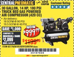 Harbor Freight Coupon 14 HP, 30 GALLON, 180 PSI TRUCK BED GAS POWERED AIR COMPRESSOR (420 CC) Lot No. 67853/56101/69784/62913/62779 Expired: 6/6/19 - $999.99