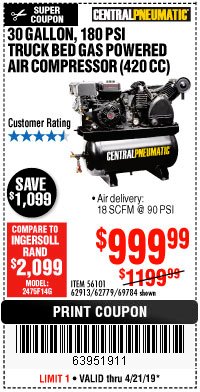 Harbor Freight Coupon 14 HP, 30 GALLON, 180 PSI TRUCK BED GAS POWERED AIR COMPRESSOR (420 CC) Lot No. 67853/56101/69784/62913/62779 Expired: 4/21/19 - $999.99