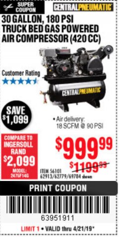Harbor Freight Coupon 14 HP, 30 GALLON, 180 PSI TRUCK BED GAS POWERED AIR COMPRESSOR (420 CC) Lot No. 67853/56101/69784/62913/62779 Expired: 4/22/19 - $999.99
