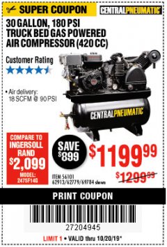 Harbor Freight Coupon 14 HP, 30 GALLON, 180 PSI TRUCK BED GAS POWERED AIR COMPRESSOR (420 CC) Lot No. 67853/56101/69784/62913/62779 Expired: 10/20/19 - $1199.99