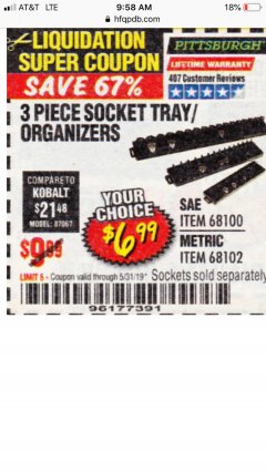 Harbor Freight Coupon 3 PIECE SOCKET TRAY/ORGANIZERS Lot No. 68100/68102 Expired: 5/31/19 - $6.99