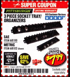 Harbor Freight Coupon 3 PIECE SOCKET TRAY/ORGANIZERS Lot No. 68100/68102 Expired: 3/31/20 - $7.99