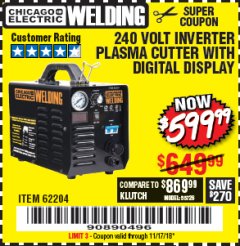 Harbor Freight Coupon 240 VOLT INVERTER PLASMA CUTTER WITH DIGITAL DISPLAY Lot No. 64808 Expired: 11/17/18 - $599.99