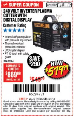 Harbor Freight Coupon 240 VOLT INVERTER PLASMA CUTTER WITH DIGITAL DISPLAY Lot No. 64808 Expired: 7/31/18 - $579.99