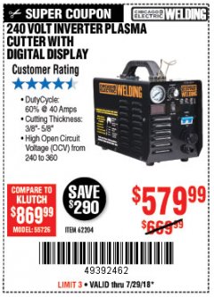 Harbor Freight Coupon 240 VOLT INVERTER PLASMA CUTTER WITH DIGITAL DISPLAY Lot No. 64808 Expired: 7/29/18 - $579.99