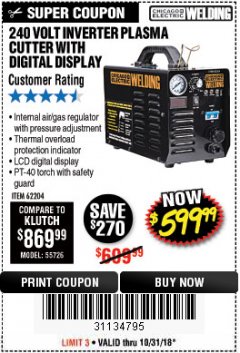 Harbor Freight Coupon 240 VOLT INVERTER PLASMA CUTTER WITH DIGITAL DISPLAY Lot No. 64808 Expired: 10/31/18 - $599.99